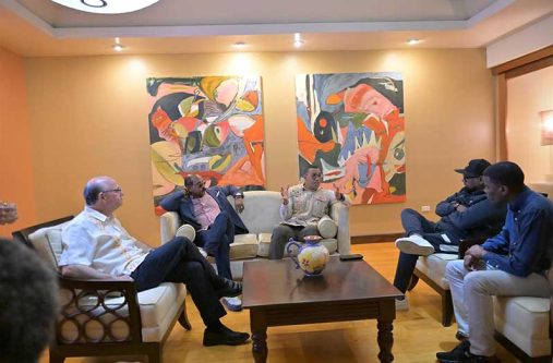 President Dr Irfaan Ali in discussion with Jamaica’s Prime Minister and CARICOM Chair, Andrew Holness, along with other officials in Jamaica