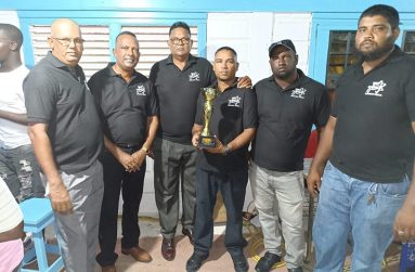 The victorious Cold Fusion players: From left are Robin Persaud, Boodnarine Persaud, Radesh Sooklall, Rishi Samaroo, Tavendra Mangra and Taslim Inshan. Missing from picture is Doodnauth (Bunda) who played all three matches