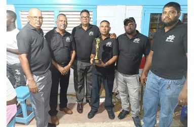 The victorious Cold Fusion players: From left are Robin Persaud, Boodnarine Persaud, Radesh Sooklall, Rishi Samaroo, Tavendra Mangra and Taslim Inshan. Missing from picture is Doodnauth (Bunda) who played all three matches
