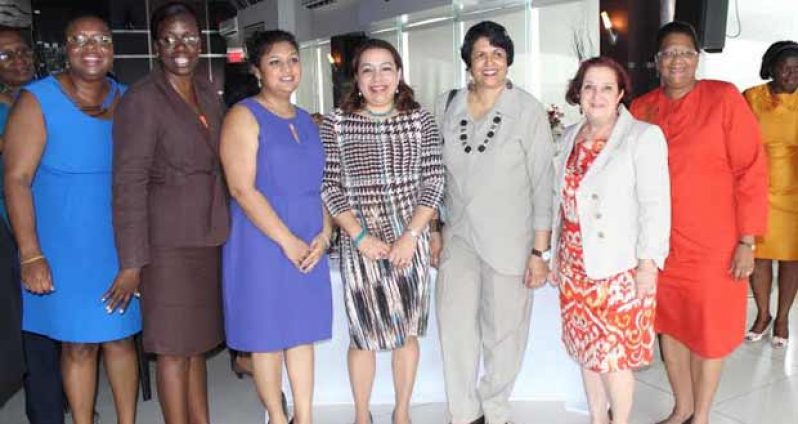 From left, Ms. Donna Chapman, Deputy Chief Education Officer-Admin; Ms. Delma Nedd, Permanent Secretary; Priya Manickchand, Minister of Education; Carolyn Rodrigues-Birkett, Minister of Foreign Affairs; Ms. Leila Ramson, Chairperson Teaching Service Commission; Gail Teixeira, Chief Whip PPP/C and Ms. Elizabeth Harper, Director General, Ministry of Foreign Affairs