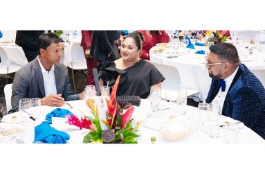 (From left) ICC Hall of Fame inductee Shivnarine Chanderpaul, First Lady Arya Ali, and President Irfaan Ali (Office of the President photo)