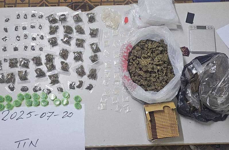 The suspected cannabis, methamphetamine and drug paraphernalia, including a scale and packaging materials, seized during a police operation in Buxton on July 20, 2025
