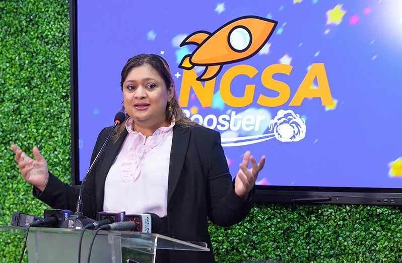 Education Minister Priya Manickchand speaking during the launch of the NGSA booster programme
