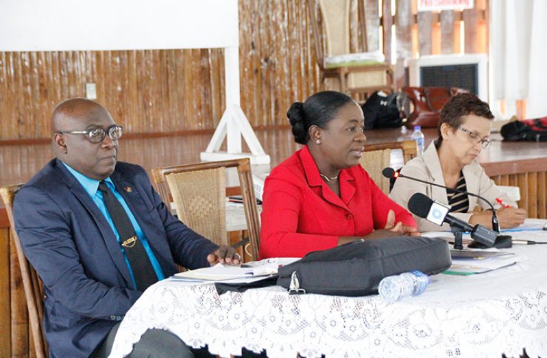The head table at Thursday’s meeting (from left): Chief Education Officer, Dr. Marcel Hutson; Minister of Education, Dr. Nicolette Henry; and Deputy Chief Education Officer (DCEO) Administration, Ingrid Trotman