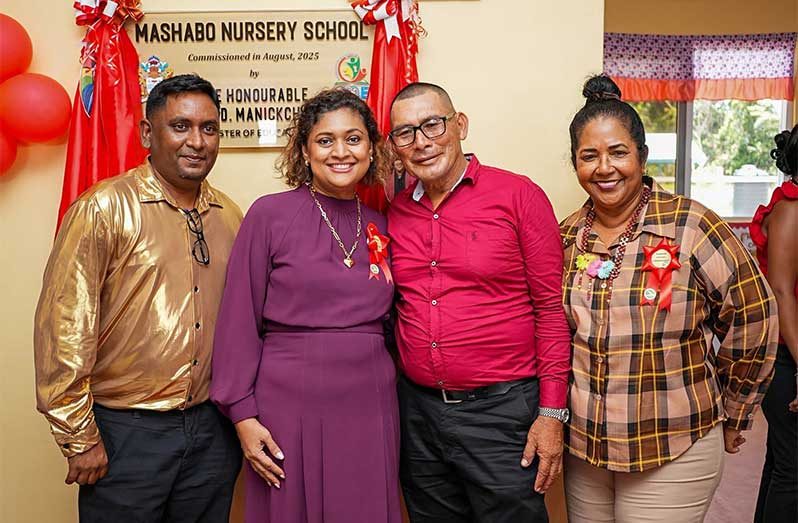 Headteacher Modi Beepat (left), Minister of Education, Priya Manickchand, and other officials