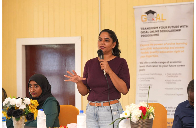 Minister of Education Sonia Parag and a team of officials, recently briefed residents of Leguan Island on the vast educational opportunities available under the Guyana Online Academy of Learning (GOAL) and the Guyana Digital School programmes. 
Expert advice, guidance, and hands-on assistance with the registration process were accessible to the residents (MoE photos)