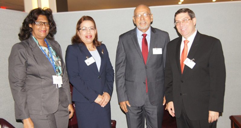 From left, Director General of Foreign Affairs Ministry Elizabeth Harper, Foreign Affairs Minister Carolyn Rodrigues-Birkett, President Donald Ramotar and Cuba’s Foreign Minister Bruno Eduardo Rodriguez Parilla