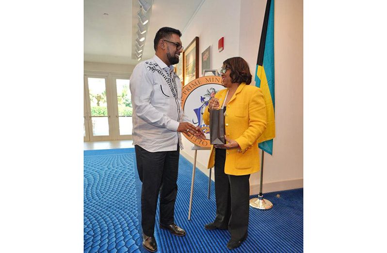 President, Dr Irfaan Ali interacts with the Chair of the United States Export-Import Bank, Reta Jo Lewis (Office of the President photos)