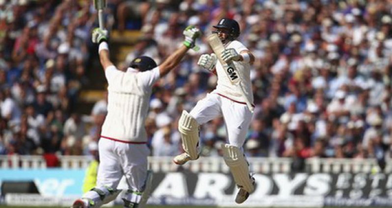 Ian Bell and Joe Root celebrate England’s victory in the third Investec Ashes Match.