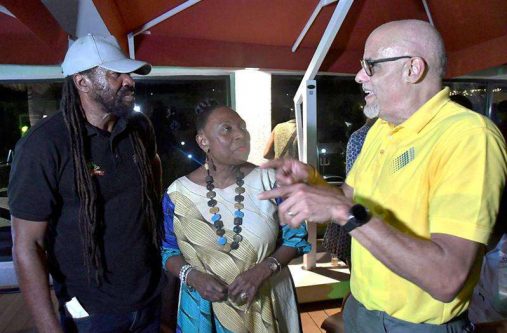 Keith Duncan (right), co-chair of Project Star, speaking with Tony Rebel, conceptualiser of Rebel Salute, and Olivia "Babsy" Grange, Minister of Entertainment and Culture, at Rebel Salute launch held at ROK Hotel in Kingston (Jamaica Observer photo)
