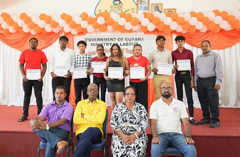 (Seated second from left) Minister of Labour, Joseph Hamilton; Regional Chairperson of Region Two, Vilma Da Silva and CLO Dhaneshwar Deonarine and other officials with graduates (BIT Photo)