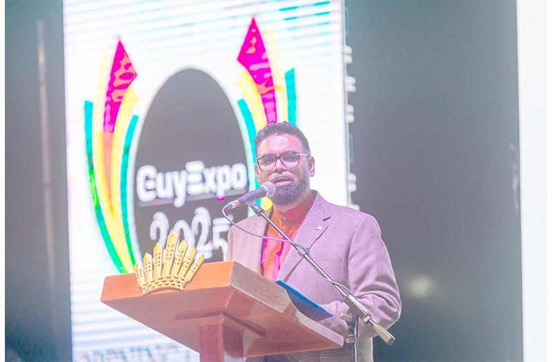 President Dr. Irfaan Ali makes a point during his address at the launch of GuyExpo 2025 (Delano Williams photos)