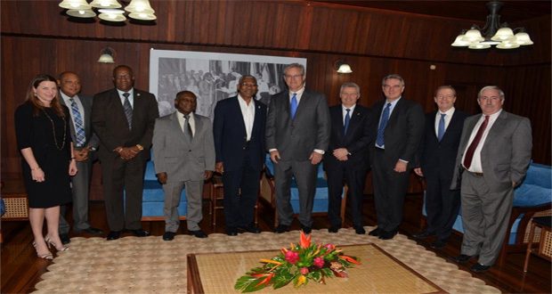 From left: Ms. Kimberly Brasington, Senior Director, Public and Government Affairs, ExxonMobil; Minister of Natural Resources, Mr. Raphael Trotman; Minister of State, Mr. Joseph Harmon; Minister of Foreign Affairs, Mr. Carl Greenidge; President David Granger; Mr. Stephen Greenlee, President of ExxonMobil; Mr. Michael Cousins, Exploration Executive Vice President; Mr. Erik Oswald, Exploration Vice President; Ambassador (Ret'd) Craig Kelly, Senior Director for the Americas- International Government Relations; and Mr. Jeff Simons, Country Manager, Esso Guyana, at the close of this morning’s meeting