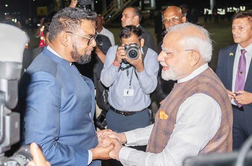 President Dr. Irfaan Ali and India’s Prime Minister Shri Narendra Modi greet at 
the Cheddi Jagan International Airport. PM Modi who is on a three-day state 
visit to Guyana arrived in Guyana on Tuesday night