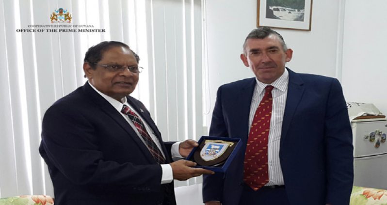 Falklands official calls on Nagamootoo 
Ian Hansen,a Member of the Legislative Assembly of The Falkland Islands on Thursday called on Prime Minister Moses Nagamootoo at his office. In this OPM photo, Prime Minister Nagamootoo greets Mr Hansen