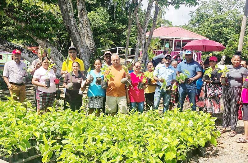 Farmers holding some of the seedlings they received from NAREI