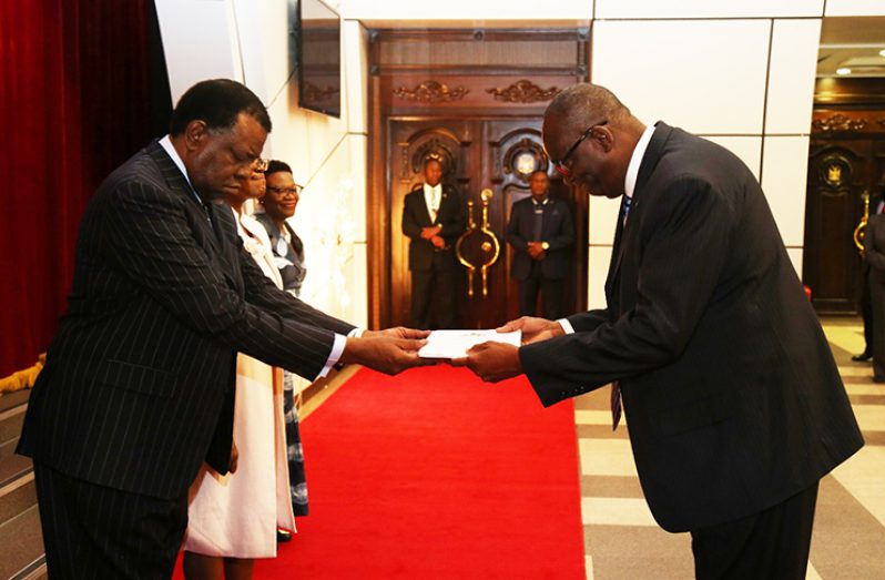Guyana's Ambassador to South Africa, presents his Letters of Credence to the President of neighbouring Namibia, as this country’s non-resident ambassador, on February 22, 2018