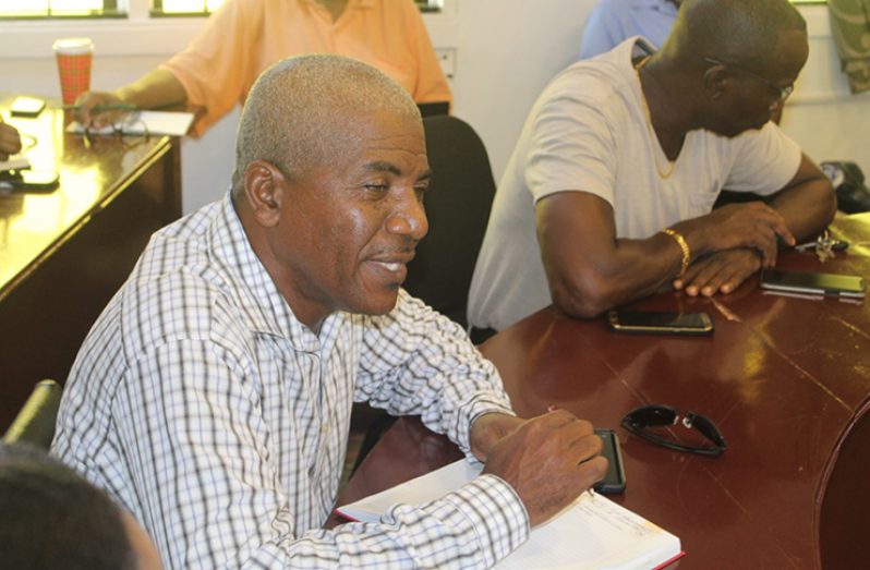 LCC President Victor Fernandes during a meeting at the office of Linden Mayor, Waneka Arrindell. At right is Deputy Mayor Wainewright Bethune