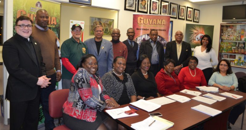 The 50th Independence Anniversary (Canada) Committee. Back Row from  left: Joe Jaglall, Flag-Raising Ceremony Coordinator; Byron Harding, Website Designer; Robert Gibson, Assistant Treasurer; Victor Yacoob, Guyana Festival Coordinator; Byron Henry, Committee Member, Clyde Gulliver, Guyana Consulate; Quaison Parris, Awards and Gala Coordinator; Leyland Gudge, Communications; Sherifa Carmichael, Administrative Coordinator. Front Row: Mishelle Butters, Guyana Consulate; Pam Joseph, Assistant Secretary; Valerie Dye, Committee Member; Edith Bynoe, Deputy Chair, Norma Baichu, Secretary and Consul-General Sattie Sawh, Chair of the Committee.