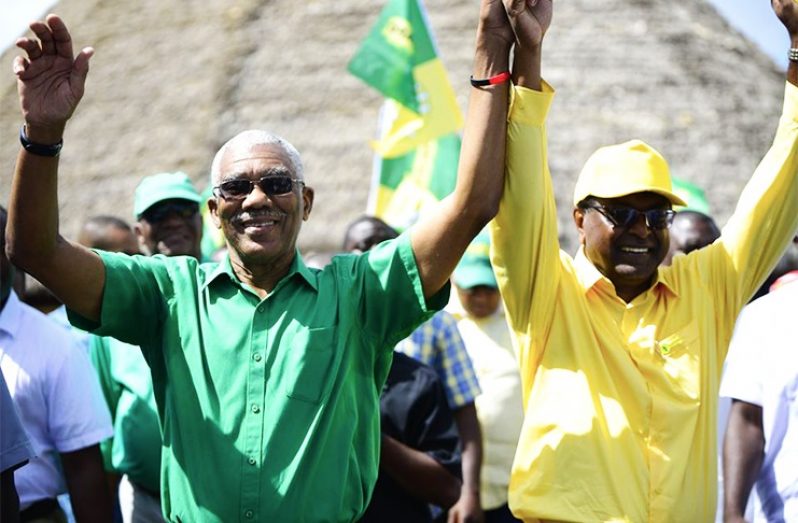 President David Granger and and Prime Ministerial Candidate, Khemraj Ramjattan outside the Umana Yana on Nominations Day. (DPI photo)