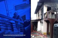 CCTV footage (left) captures a hooded individual entering the Durban Street church hall moments before the blaze. The aftermath (right) shows extensive fire damage to the building