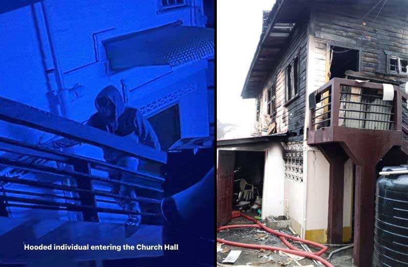 CCTV footage (left) captures a hooded individual entering the Durban Street church hall moments before the blaze. The aftermath (right) shows extensive fire damage to the building