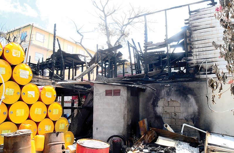A section of the charred building