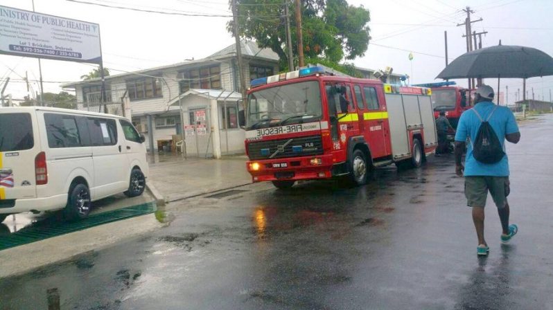 Fire tenders outside the Ministry of Public Health on Saturday morning.(Nakasia Logan photo)