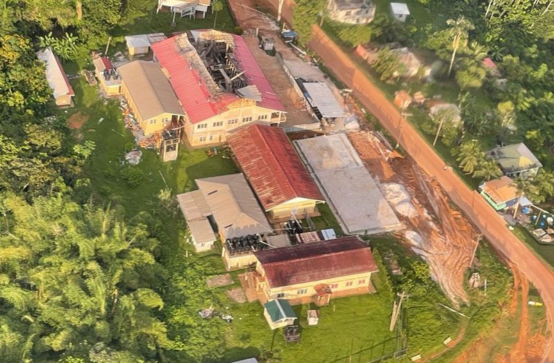 An aerial shot of the school following the fire