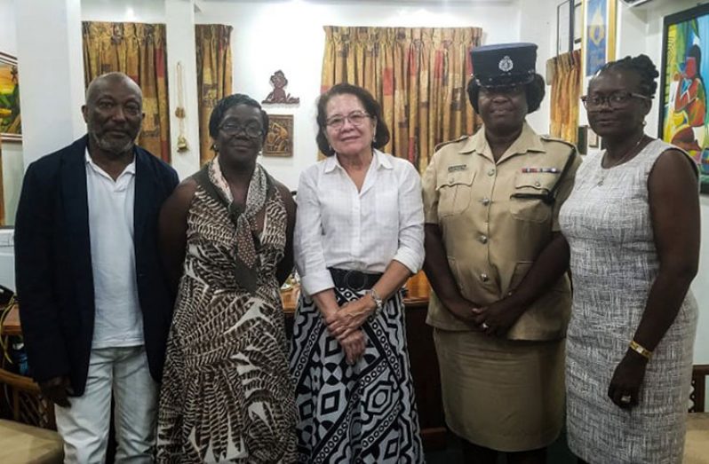 First Lady, Mrs. Sandra Granger (centre), pictured with, from left to right, Member of the Guyana Ex- Athletic and Friends Incorporation (GEFI), United States Chapter, Mr. Noel Campbell; Chairperson, Ms. Burgette Williams-Forde; Co-ordinator of the Independence Championship and Road Race, Assistant Superintendent, Ms. Sheryl Hermonstine and Ms. Deborah Quamina at State House