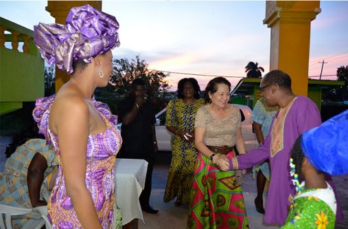 Mr. Eric Phillips welcomes First Lady, Mrs. Sandra Granger to the Sikukuu ya-Mwaka, earlier this evening at the Akwaaba Centre, Thomas Lands as Mistress of Ceremonies, Ms Shabakie Fernandes (first left) and Ms. Trovina Ellis (first, right) look on.