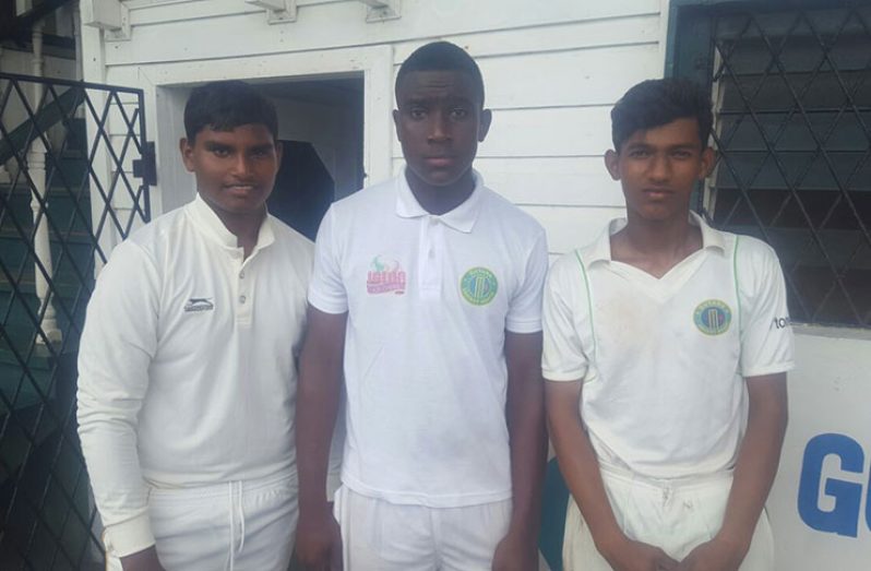 (From left) Aaron Beharry, Trevon Charles and Andrew. The trio efforts with the ball were not enough, as East Coast Demerara failed to defend the low total.