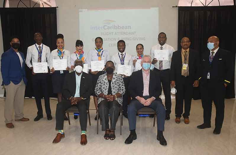 GCAA Director General, Egbert Field; Dr. Pauline Yearwood of the CARICOM Secretariat and interCaribbean’s CEO Trevor Sadler, along with the new flight attendants (Adrian Narine photo)