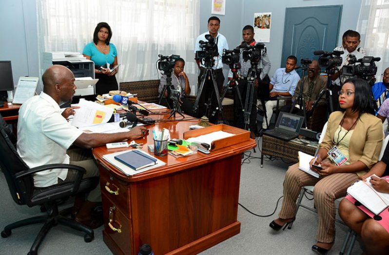 Acting Director-General of the Civil Defence Commission (CDC), Major Kester Craig updating members of the media (Ministry of the Presidency photo)