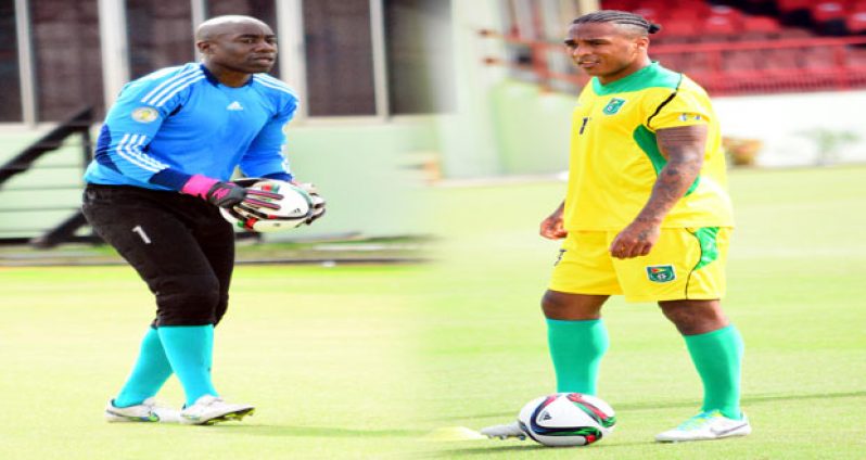 goalkeeper Matthew Allick and Neil Danns in training at the Guyana National Stadium (Samuel Maughn photo)