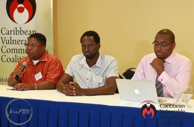 SASOD Managing-Director Joel Simpson (centre) and two other regional participants at the Regional Civil Society Forum hosted by the Caribbean Vulnerable Communities Coalition last weekend (CVC Coalition photo)