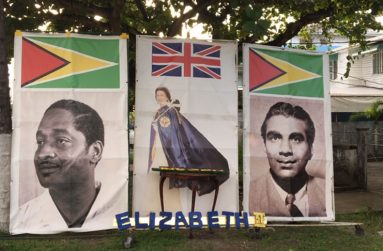 A Patriotic display on Brickdam in Georgetown by Dr. Don Gomes showing Presidents Burnham and Jagan and Queen Elizabeth ll (Photo by F.Q. Farrier)