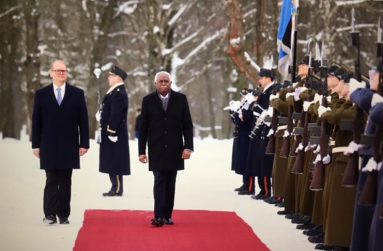 High Commissioner Mr Hamley Case, CCH, inspecting the Guard of Honour at the Palace in Estonia, Europe during his accreditation ceremony