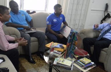 Here is what we will do as it relates to the NSCL! Sitting from left, GCB Secretary Anand Sanasie, TDO Colin Stuart and WICB Senior Project Officer of School Cricket KJ Singh, pay keen attention as Minister of Sport Dr Frank Anthony makes a point during their meeting.