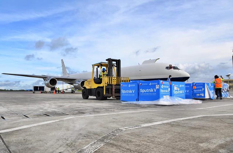 The 100,000 doses of the Russian Sputnik V vaccines that arrived at the Cheddi Jagan International Airport (CJIA) on Monday afternoon (DPI photo)