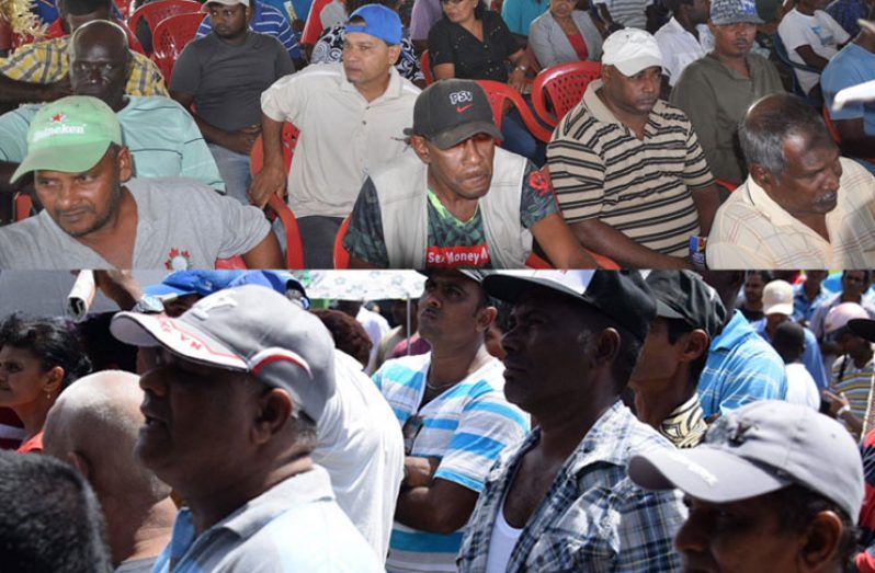 Sugar workers from the East Demerara and Berbice estates listen
attentively as ministers of government lay out the administration’s plans
for the industry (Photos by Delano Williams and DPI)