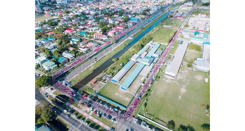 front 2 Pink wave! Thousands of persons, young and old alike, decked out in pink, gathered at the Scouts
Association Ground on Woolford Avenue for the One Pinktober Walk 2025. Led by Health Minister
Dr. Frank Anthony and cancer survivors, the event was a powerful show of unity, strength, and hope.
It also reinforced the message of early detection as well as the need for collaborative efforts and a
show of support to fight the dreaded disease (One Communications photo)