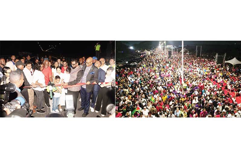Thousands of Guyanese from all walks of life gathered at the new Bharrat Jagdeo Demerara River Bridge for its historic commissioning on Sunday night.
The bridge, which will be open to commuters from today, will spur economic activities on both sides of the river, and pave the way for new factories,
logistics centres, and corridors of development, according to President Dr. Irfaan Ali. He said, too, that the structure stands as a symbol of the country’s
transformation (Photos: NCN Guyana and Delano Williams)