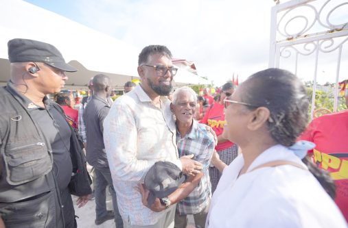 President Ali engaged residents of Hubu Backdam in Region Three, listening to their concerns and offering insight into some of what government has planned for their future. He was at the time leading a community outreach in the area (Photos: President Ali/Facebook)