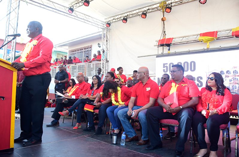 Prime Ministerial candidate of the PPP, Mark Phillips
makes his presentation as other leaders of the party
including Presidential Candidate, Irfaan Ali and General
Secretary, Bharrat Jagdeo look on (Adrian Narine photo
