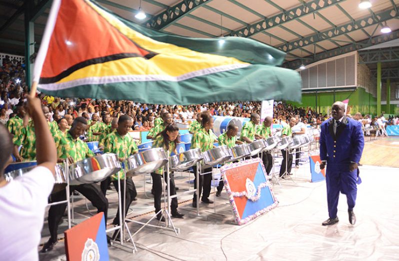 The highly energetic Guyana Police Force band won in the Large Band category at the Panorama festival held at the Cliff Anderson Sports Hall on Sunday [Samuel Maughn photo]
