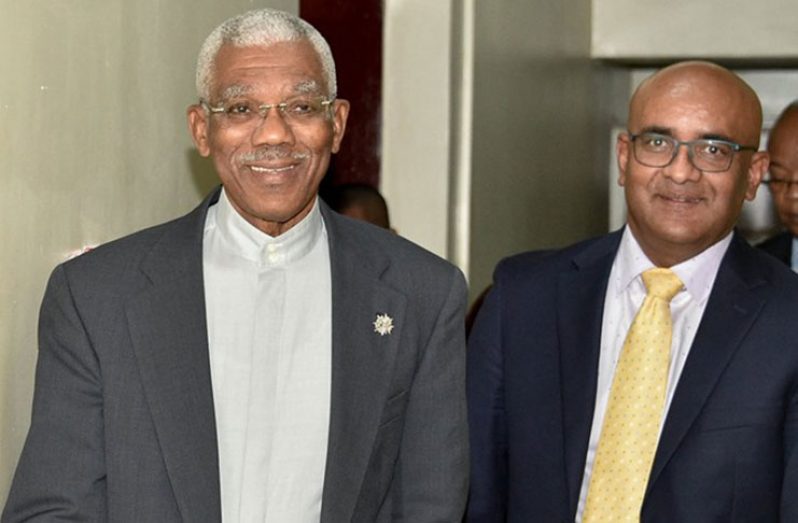 President David Granger and
Opposition Leader, Bharrat Jagdeo, before their meeting on Thursday, on filling the post of chairman of the Guyana Elections Commission (Ministry of the Presidency photo).