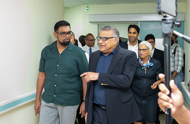 President, Dr Irfaan Ali, was given a tour of the new wards at Woodlands Hospital Ltd by Managing Director, Dr. Neville Gobin (Delano Williams photo)