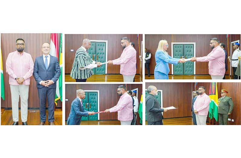 President, Dr Irfaan Ali received Letters of Credence from the diplomatic representatives of a number of countries as we continue to strengthen Guyana’s growing global partnerships.
He welcomed Non-Resident Ambassadors Miklós Tamás Halmai of Hungary; Manuel Eduardo Dos Santos e Silva Bravo of the Republic of Angola; Eleonora Dimitrova of the Republic of Bulgaria; as well as Non-Resident High Commissioners Murad Ashraf Janjua of the Islamic Republic of Pakistan and Nii Amasah Namoale of the Republic of Ghana.
These engagements reflect Guyana’s continued commitment to deepening diplomatic relations, expanding co-operation, and creating new opportunities for citizens (Office of the President)