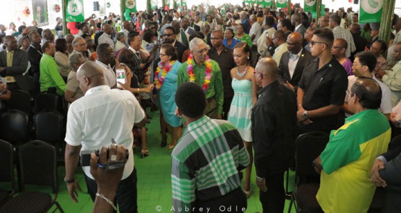 Guyana’s President and Leader of the PNCR, Brigadier David Granger, and his wife
Mrs Sandra Granger make their way into the auditorium of the party headquarters` for
the opening of the 19th Biennial Congress (Aubrey Odle photo)